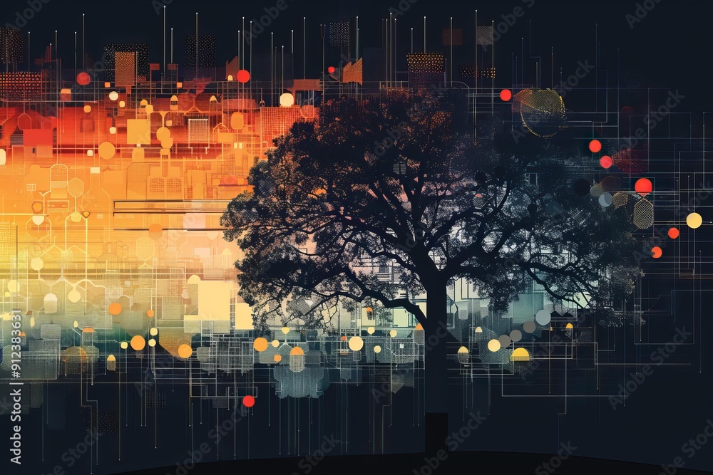 Poster silhouette of a large tree is juxtaposed with an abstract technology background, highlighting the in