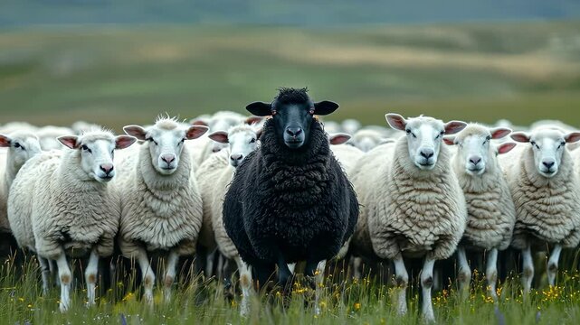 Unique black sheep among white flock on green meadow
