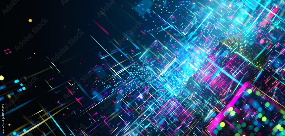 Poster abstract smartphone desktop background. futuristic technology neon pixel grid colorful background sq