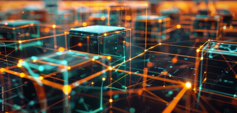 Poster abstract smartphone desktop background, glowing holographic cubes and lines, network of glowing digi