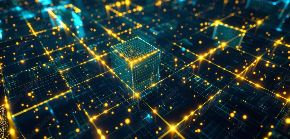 Poster abstract smartphone desktop background, glowing holographic cubes and lines, network of glowing digi