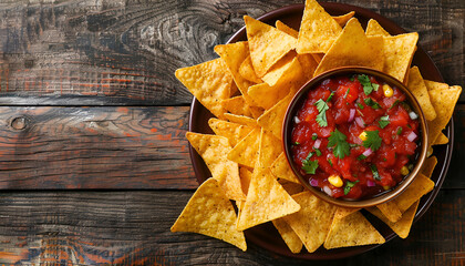 Mexican nacho chips and salsa dip in bowl on wooden background