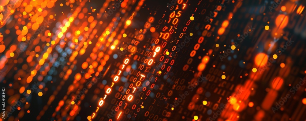 Poster abstract smartphone desktop background, binary code and glowing lights, representing data technology