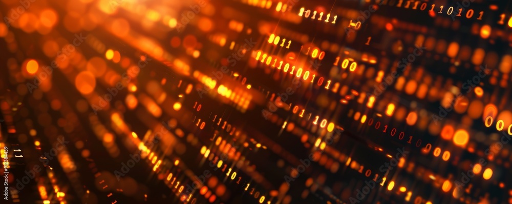 Poster abstract smartphone desktop background, binary code and glowing lights, representing data technology