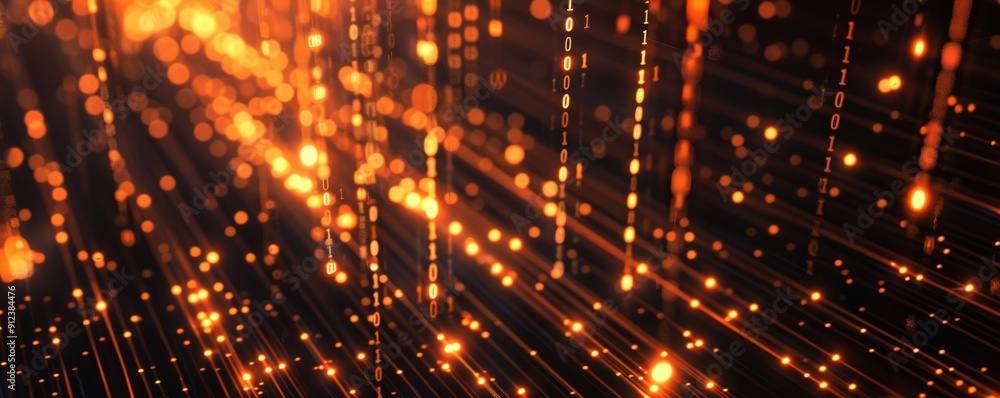 Poster abstract smartphone desktop background, binary code and glowing lights, representing data technology