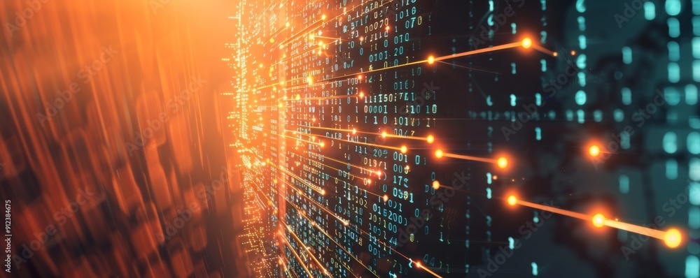 Poster abstract smartphone desktop background, binary code and glowing lights, representing data technology