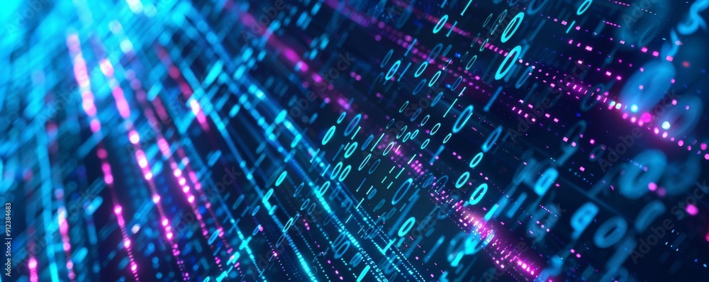 Poster abstract smartphone desktop background, binary code and glowing lights, representing data technology