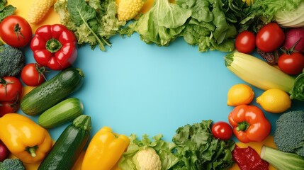 Different fresh fruits and vegetables in blue studio background,Various types of organic vegetable spread evenly on table,Advertising photo for product made from fresh vegetable ingredient,copy space.