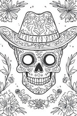 Fototapeta premium Intricate illustration of a sugar skull with a cowboy hat for dia de los muertos coloring activity