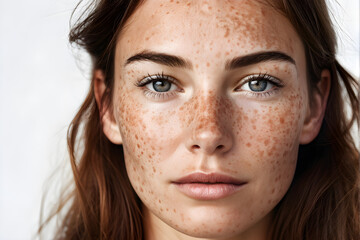 Close up caucasian woman's face with freckles or age spots photo. Age spots on the face close up photo . isolated on white background
