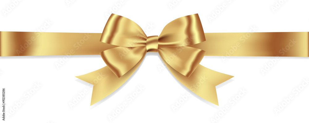 Poster gold ribbon bow realistic shiny satin with shadow horizontal ribbon for decorate your wedding invita