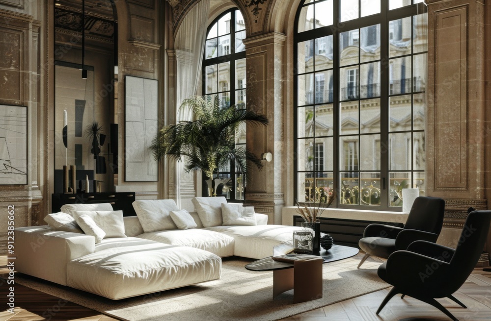 Poster a living room in an old parisian building with large windows, featuring a neutral color palette and 
