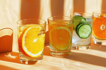 Fototapeta premium Refreshing summer drinks with orange and cucumber slices in clear glasses on a warm, sunny background