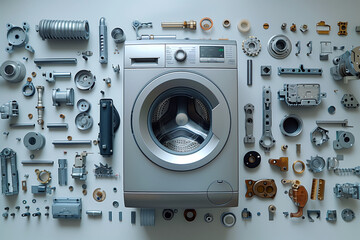 One washing machine surrounded by disassembled washing machine parts and details. Layout ai generated photography related to maintenance, repair of watches.

