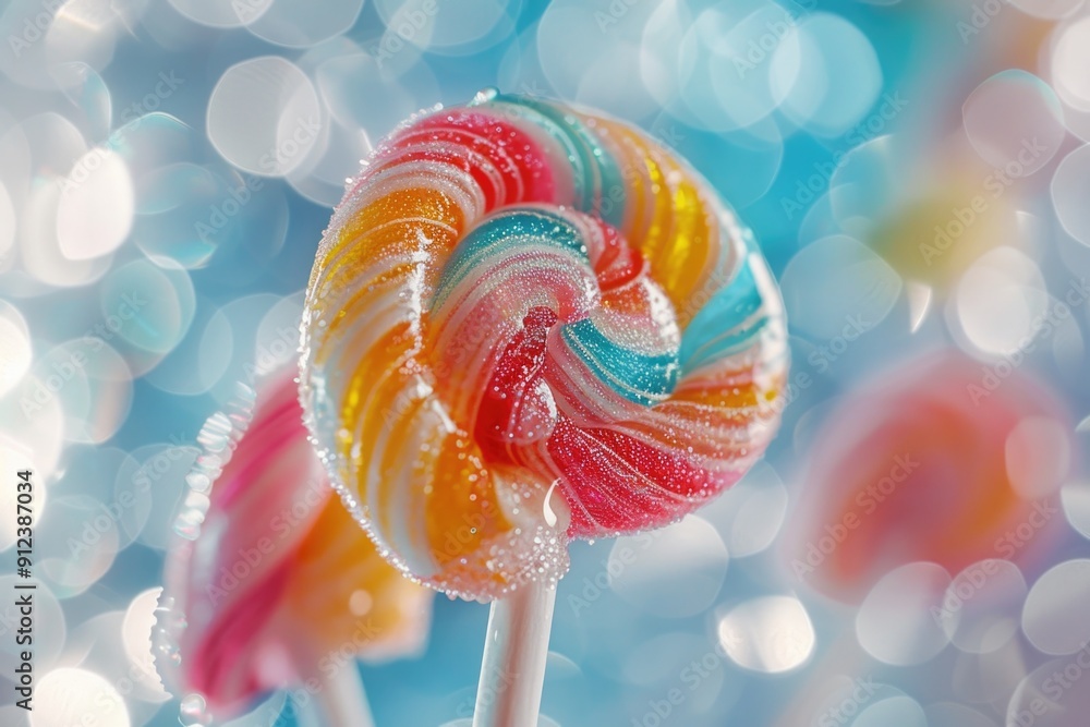Poster a close-up shot of a colorful candy lollipop on a stick