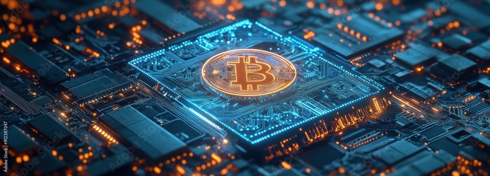 Poster golden bitcoin symbol embedded in a circuit board