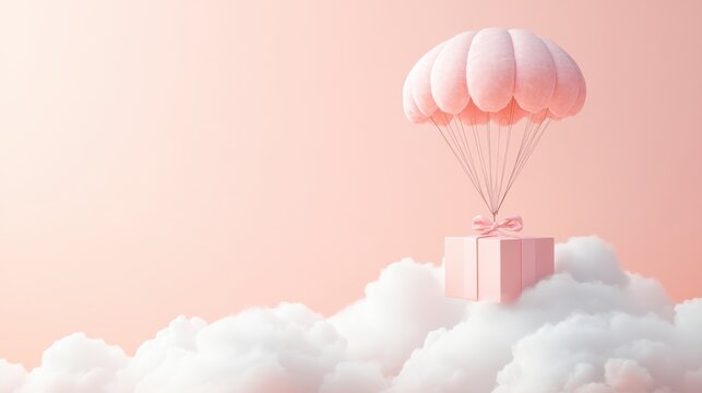 A Box flying on a parachute with pink cloud,vector illustration of package flying down from sky and cloud with parachute, concept for delivery service,shopping online,air delivery service.
