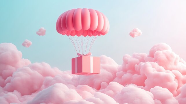 A Box flying on a parachute with pink cloud,vector illustration of package flying down from sky and cloud with parachute, concept for delivery service,shopping online,air delivery service.