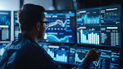 A man is working on a computer with multiple monitors displaying various graphs