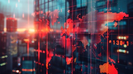 Abstract double exposure colorful business graph with a city in the background