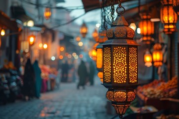 Traditional Ramadan lanterns hanging in an outdoor market, with intricate patterns and warm...