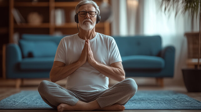 A senior man meditating with headphones on sitting cross-legged in his living room