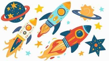 Cute clipart of space-themed items rockets and stars
