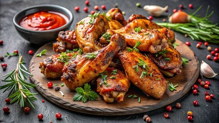 Savory chicken wings smothered in aromatic spices and herbs, perfectly grilled to perfection, rest on a dark concrete background, evoking a sense of mouthwatering indulgence.