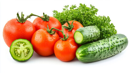 Tomatoes and cucumbers on a white background.