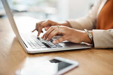 Desk, laptop and hands of person for typing, business research and news article for publication in office. Technology, connection and digital of content writer for online blog, review and information