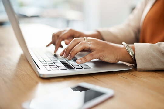 Desk, laptop and hands of person for typing, business research and news article for publication in office. Technology, connection and digital of content writer for online blog, review and information