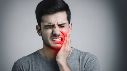 An Indian man suffering from tooth pain holding his cheek against a gray background, dental issue, facial pain, showing discomfort
