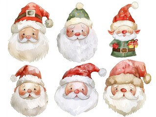 Set of various Santa Claus watercolor illustration on white. AI generated