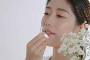 Fototapeta premium Asian Woman with Korean-Style Makeup Applying Face Cream on Cheek in Close-Up Portrait, Surrounded by Flowers. Soft Lighting Fashion Photography for Beauty Product Advertisement on a White Background.