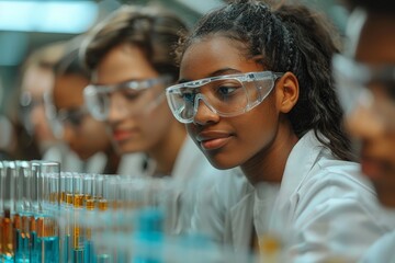 Young people of various ethnicities working together in a science lab