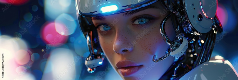 Poster ai technology smart robot used by women for futuristic global connections to access online informati