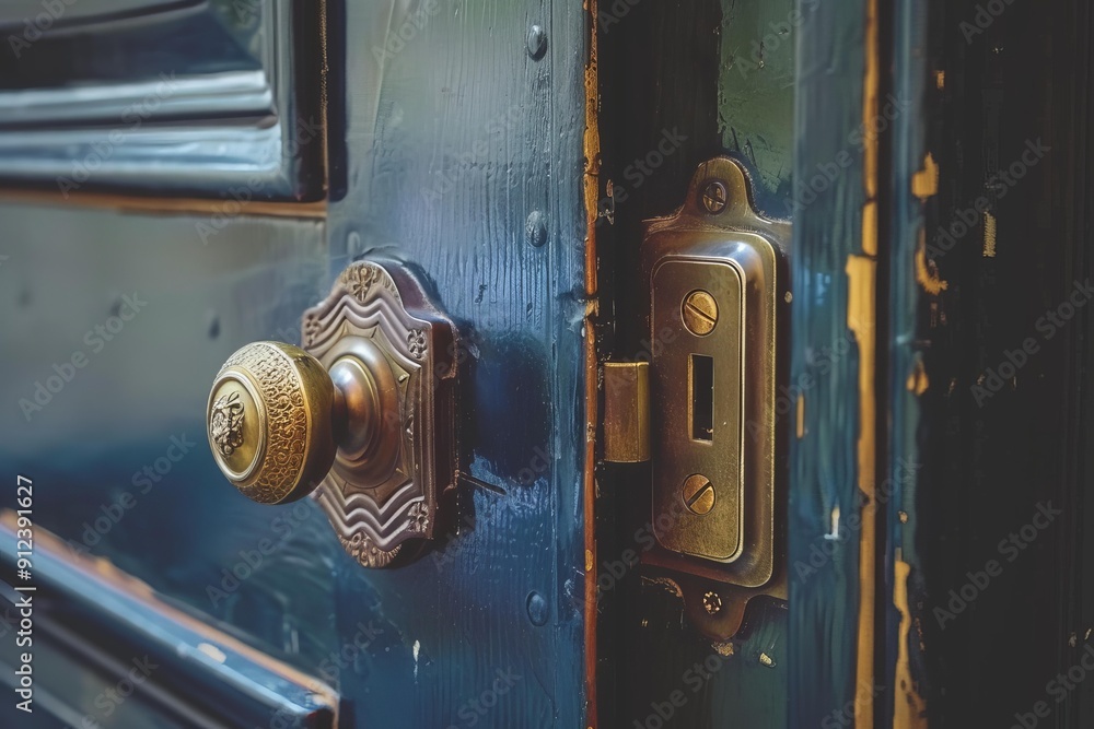 Poster old ornate door handle and latch add a touch of class to a weathered blue door