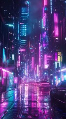 Fototapeta premium Urban Pulse: The Animated Cityscape's Vibrant Heartbeat with Neon Lights and Bustling Streets