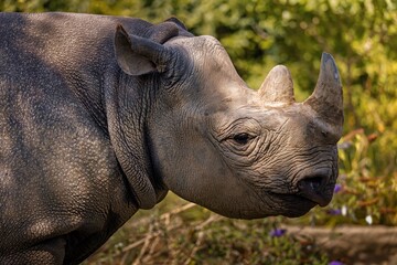 Close-up of a rhinoceros in a natural habitat with greenery in the background