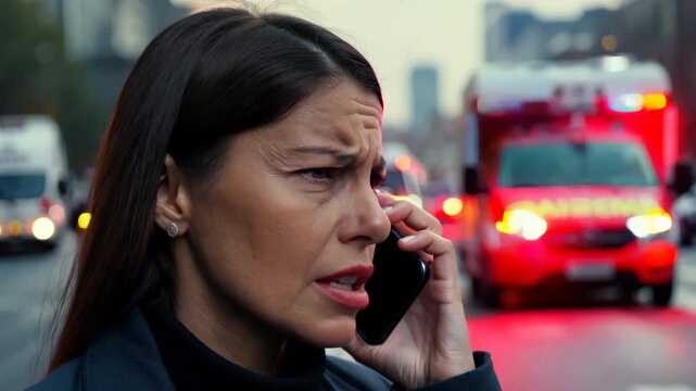 Concerned woman on phone with emergency vehicle in background on city street
