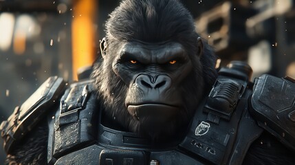 3D Render of a Gorilla in Tactical Battle Armor with Intense Glowing Eyes - Powerful and Futuristic Animal Character for Sci-Fi Concept Art and Game Design