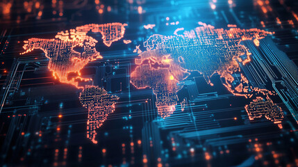 Obraz premium Abstract glowing global network with world map. Global network connections. Technology background. Global network and connectivity concept. World map. World geography map. Futuristic. 