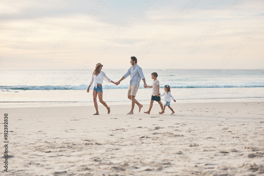 Poster Beach, travel and holding hands with family, bonding and happy adventure by ocean on blue sky. Mom, father and children explore with parents in Miami shore for holiday walk, trip and summer vacation