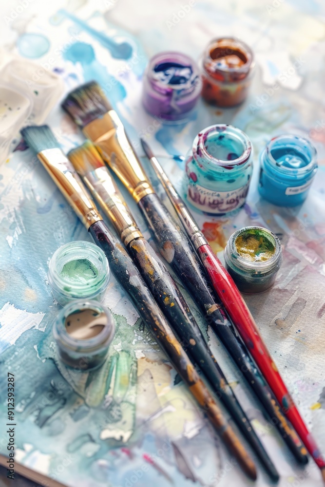 Poster a close-up shot of various paint brushes arranged on a surface, suitable for use in graphic design, 
