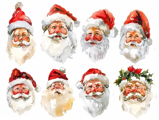 Set of various Santa Claus watercolor illustration on white. AI generated