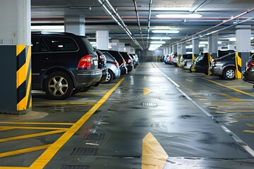 Fototapeta premium Rows of cars are parked in an underground parking garage with yellow lines and markings