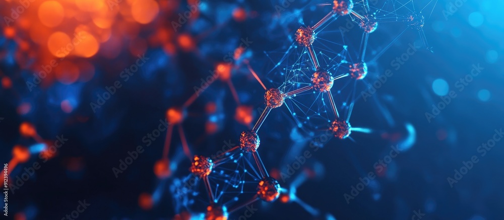 Poster abstract blue background featuring molecular structures 3d rendering advanced biotechnology concepts