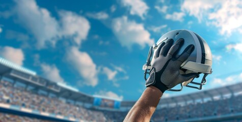 A football player's hand holding up his helmet against the sky