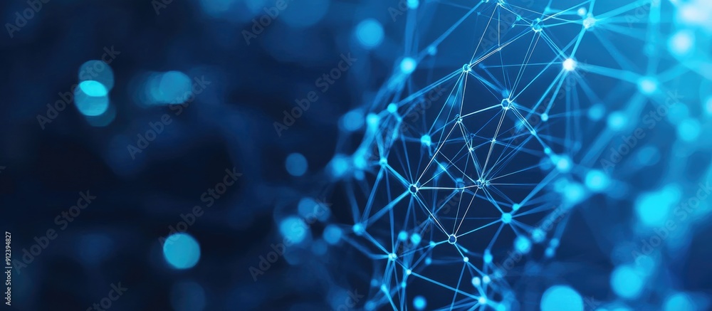Poster artificial intelligence network with interconnected lines and dots in a polygonal design on a blue b
