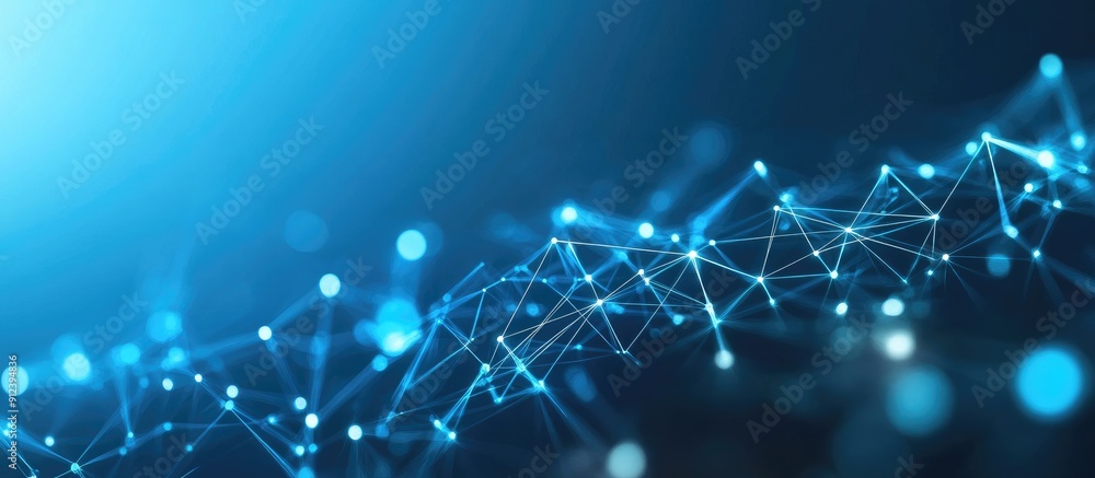 Poster artificial intelligence network with interconnected lines and dots in a polygonal design on a blue b